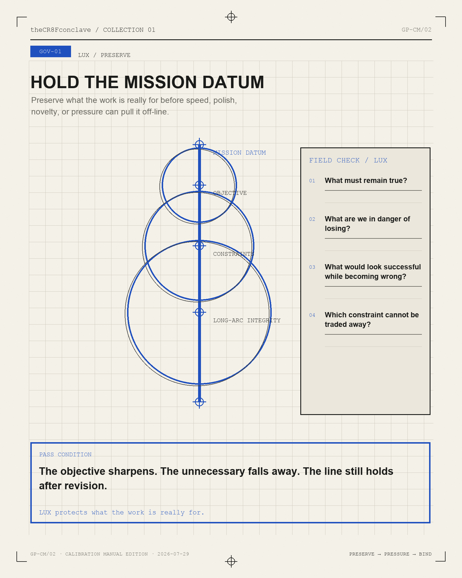 LUX preserve standard sheet for holding the mission datum.